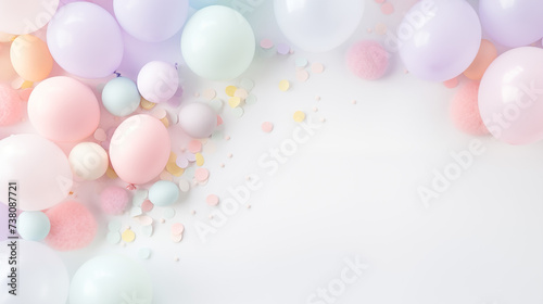 Urodzinowe minimalistyczne jasne tło na życzenia z balonami i dekoracjami - narodziny dziecka - dziewczynki lub chłopca. 