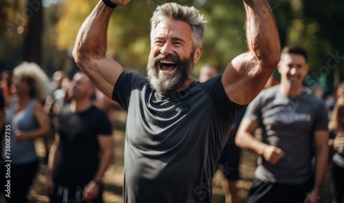 Senior Man With Beard Raises Hands in the Air After Completing a Race Generative AI