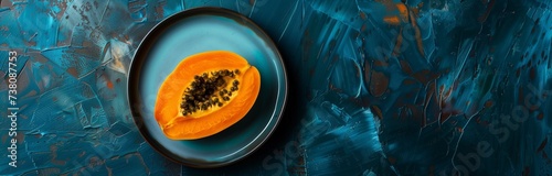 slice of orange fresh papaya on a blue plate isolated photo