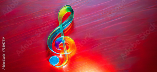 simbolo musicale chiave di violino in brillante e luminoso vetro colorato su superficie rossa photo