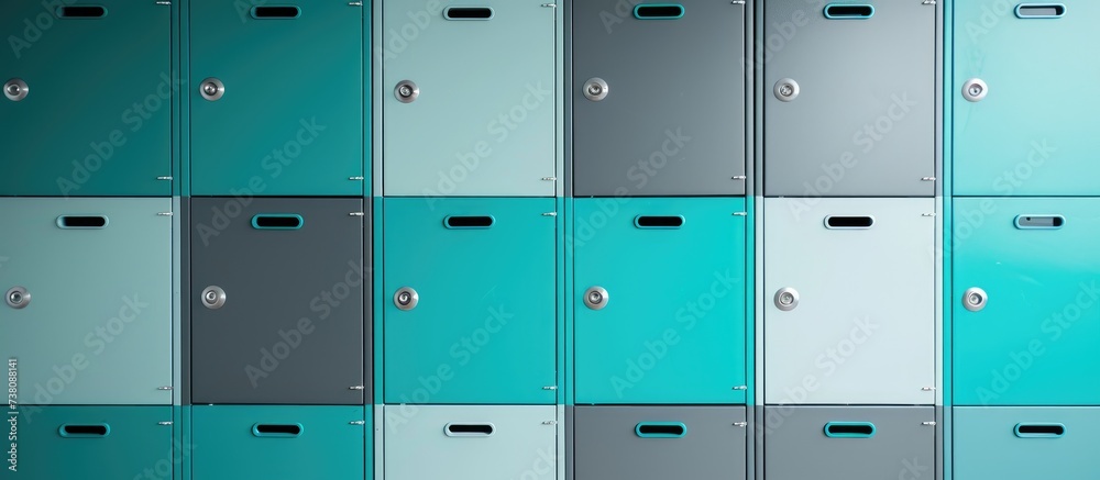 Modern lockers in gray and turquoise colors with numbered boxes, perfect for storing personal items in various places like supermarkets, sport clubs, swimming pools, schools, and stations.