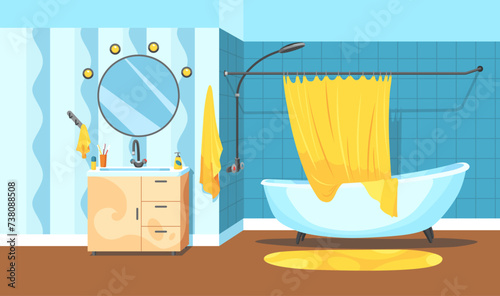 Cartoon bathroom interior with tub and curtain, toilet, mirror and washbasin. Bath time in flat style design template. Vector illustration for website, print, poster