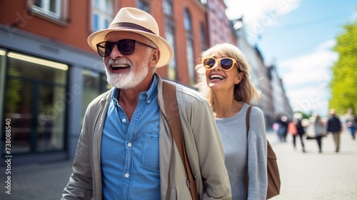 Elderly couple joyfully strolling through city streets during spring vacation. photo