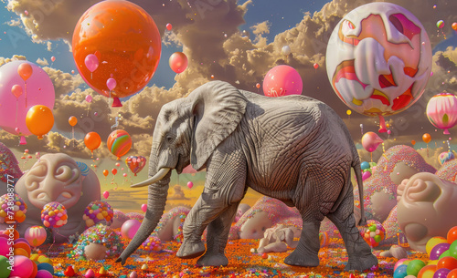 fantasy elephant with many balloons