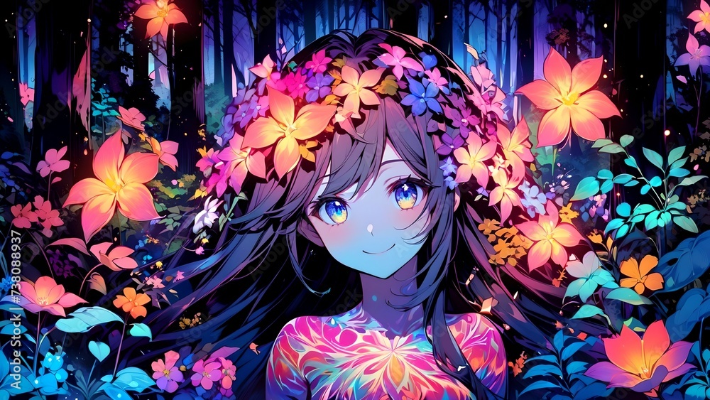 Cute anime girl with colorful flowers, flowers background
