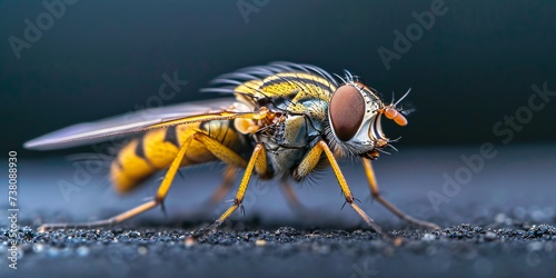 Close up of an insect with yellow stripes on a dark backdrop, perfect for zoologists and biologists studying dangerous flying arthropods. photo