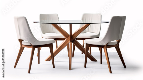 An isolated modern wooden and fabric dining table and chair set sits on a pristine white backdrop.