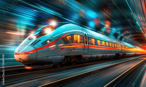 A modern high-speed train blurs past with motion lights under the night sky, exemplifying speed and modern technology.