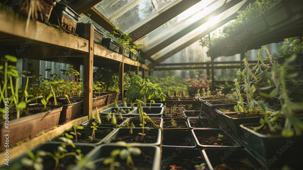 A zoomedin image of a small greenhouse filled with trays of various types of medicinal vegetable seedlings with their tender stems reaching towards the skylight above.