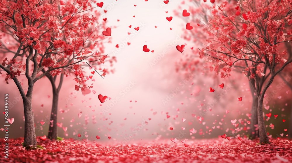 Valentines day background. Trees with red heart shape leaves on branches. Fantasy forest, park on pink background with copy space for text
