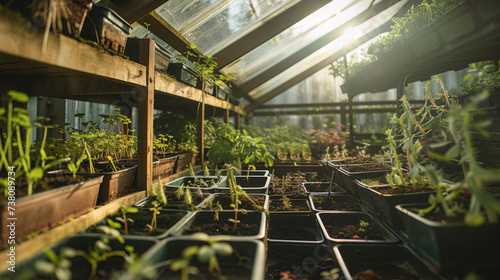 A zoomedin image of a small greenhouse filled with trays of various types of medicinal vegetable seedlings with their tender stems reaching towards the skylight above.