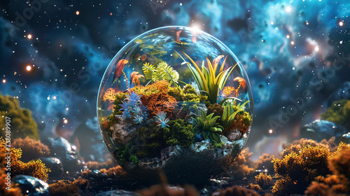 Celestial Terrarium Design an awe inspiring 3D render of a magnificent terrarium floating amongst the stars filled with otherworldly plants and ethereal beings 3D render