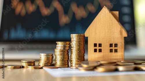 Arrange coins to depict a rising graph of interest rates with a house in the background, as the FED combats economic downturn by raising interest rates, impacting homebuyers. photo