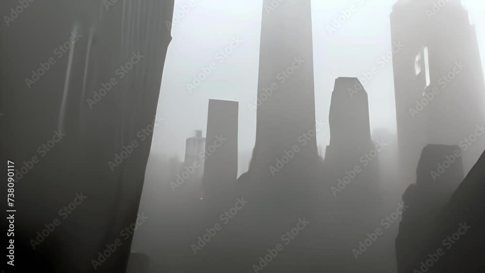 View of a foggy cityscape in noir style. Concept: a metropolis from thrillers and urban dramas