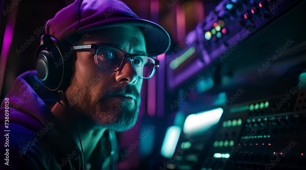 sound engineer in a studio filled with bioluminescent audio equipment, their features bathed in the soft