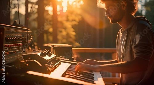 sound technician, their features accentuated by the dramatic contrast between deep crimson and midnight black