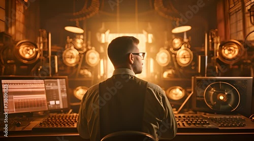 sound engineer in a dynamic studio environment, where the technician's face is bathed in the warm embrace of golden sunlight streaming