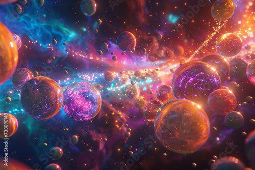 Cosmic Peas Craft an awe inspiring 3D render where peas transform into mesmerizing cosmic entities swirling in a cosmic display of colors and patterns