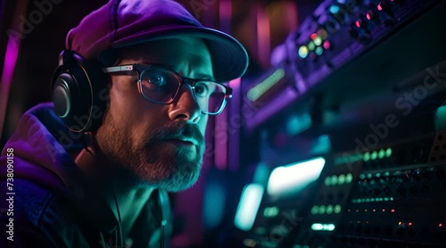 sound engineer in a studio filled with bioluminescent audio equipment, their features bathed in the soft
