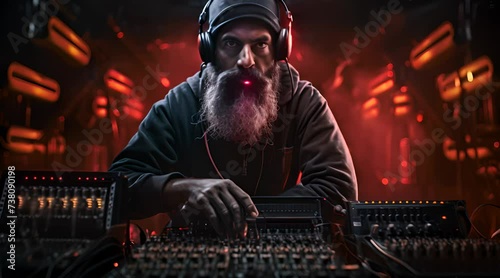 sound technician, their features accentuated by the dramatic contrast between deep crimson and midnight black
