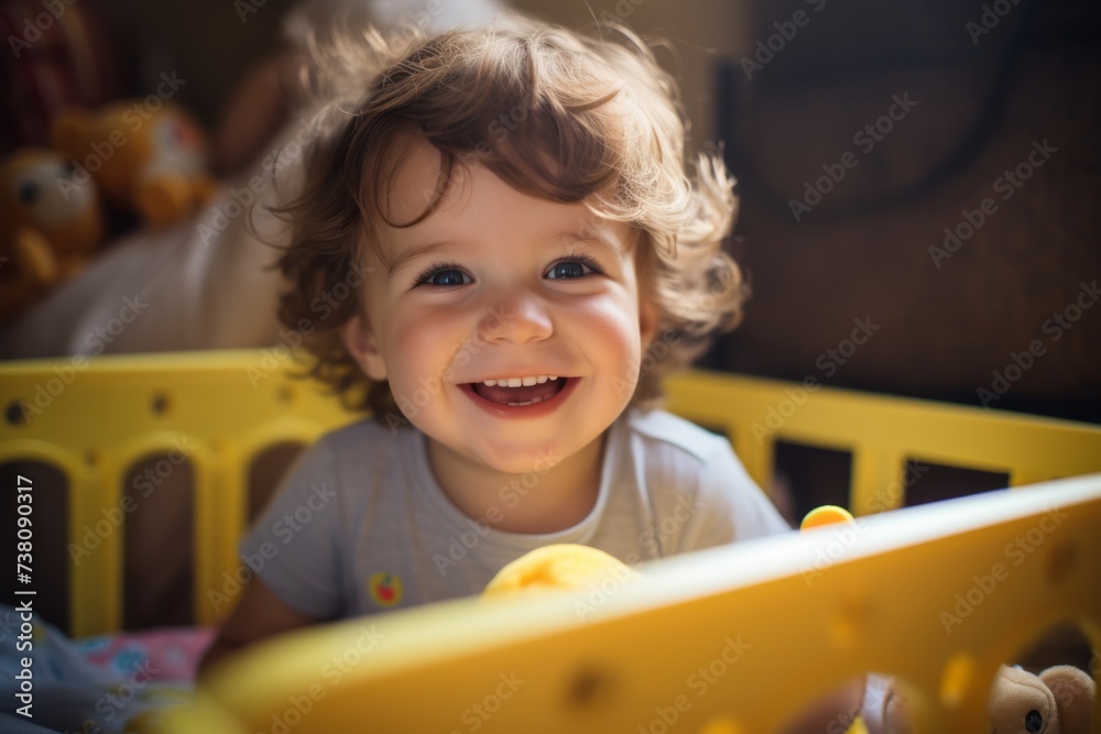 Cute happy baby toddler sitting in a crib Cute happy baby toddler sitting in a crib