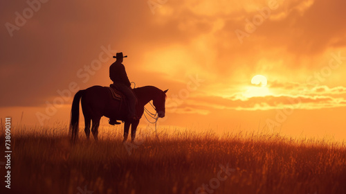 Western landscape with silhouette of a lonely cowboy riding a horse in beautiful midwest scenery
