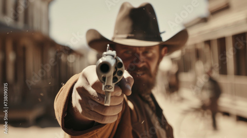 Western movie shot, front view of a cowboy ready to do a duel in middle of a wild west town pointing gun to camera
 photo