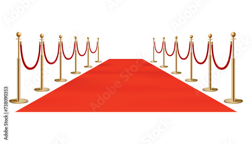 Red carpet golden barriers. Exclusive event. Red carpet with stairs red ropes and golden stanchions. Movie premiere, gala, ceremony, award concept