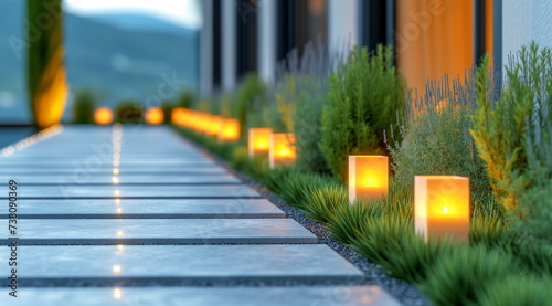 Modern pathway lighting with illuminated lamps alongside green shrubbery in a residential area.