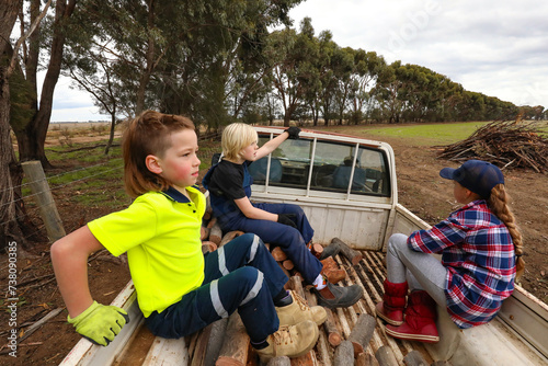 Kids riding in back of old work ute while out wood cutting on farm photo