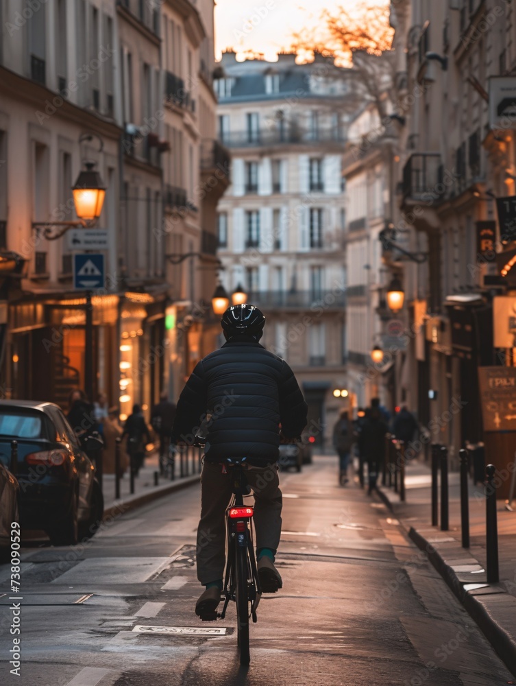 Obraz premium Unrecognizable male biking on a Parisian road.