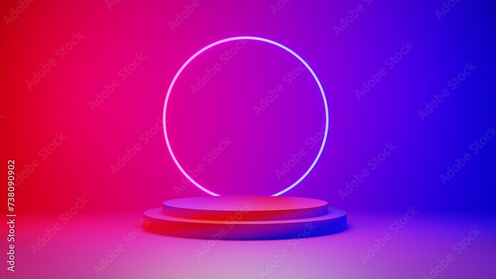 Podium for product or cosmetics demonstration. Three dimensional stage on pink to blue colored background. Display podium scene or presentation with showcase in the studio room background. Podium for product or cosmetics demonstration. Three dimensional stage on pink to blue colored background. Display podium scene or presentation with showcase in the studio room background.