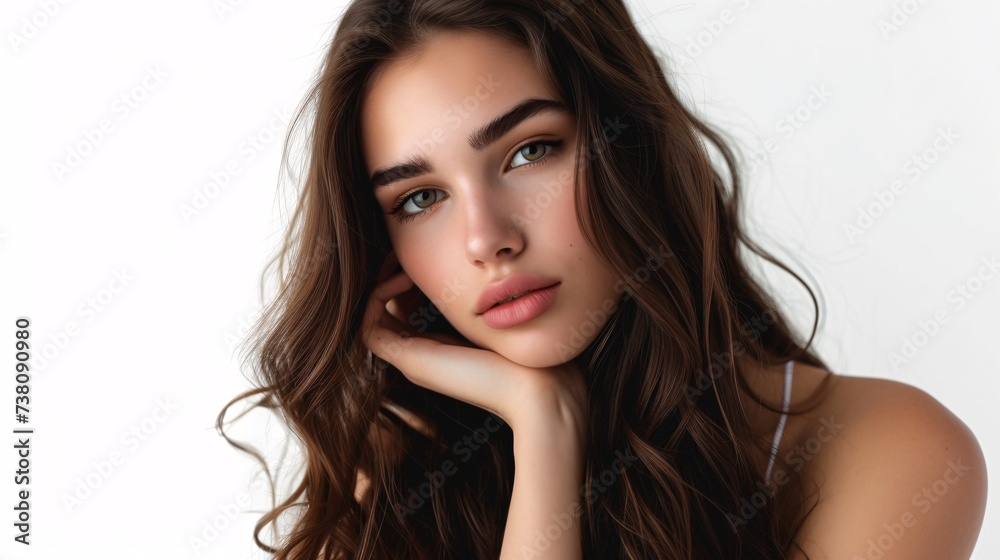 A youthful brunette posing alone against a plain white backdrop. A youthful brunette posing alone against a plain white backdrop.