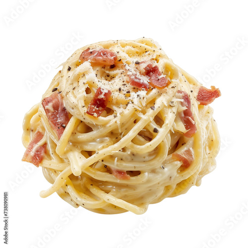 Individual portion of gourmet delicious perfect looking Carbonara pasta, isolated on transparent background.  photo