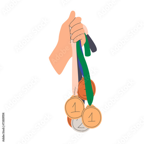 Gold, silver and bronze medal in hand. Vector illustration on a white background with confetti. Winner and medalist