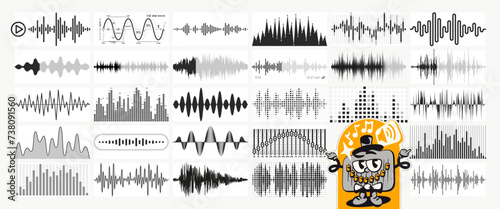 Sound waves. Audio waveform shapes, digital soundwave and music equalizer. Voice sound visualization vector set 