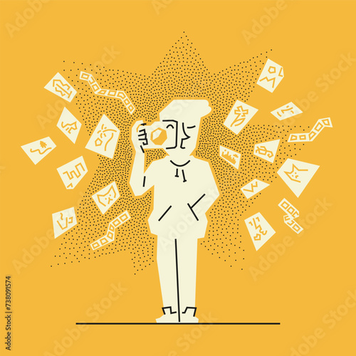 Iconic Photographer. Creative person with rangefinder photo camera make photos. Professional street photographer vector illustration