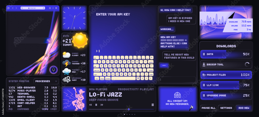 Modern OS user interface with tiling web browser and terminal windows ...