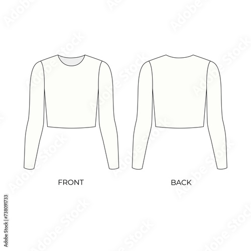 Fashionable long sleeve tank top illustration, vector. Technical drawing of long sleeves, front and back views. Outline vector drawing of a short top with long sleeves.