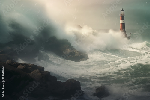Ocean landscape during a storm. Powerful waves on the beach, dramatic weather and sea, ocean stormy weather and lighthouse in the fog. Digital realistic photo photo