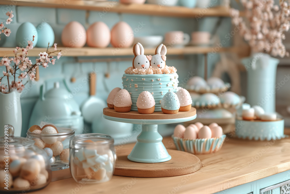 Fototapeta premium Frosted Cookies and Pastel Easter Eggs Nestled Amongst Spring's Blossoming Delicate Floral Ambiance