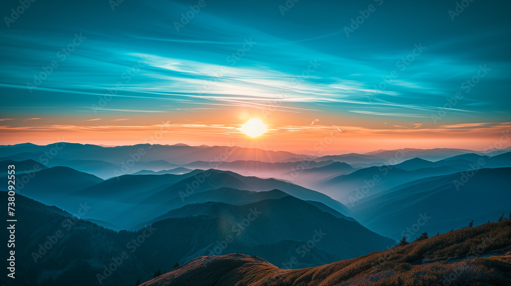 Beautiful shot of the sunset through the mountains, golden hour colored landscape with blue sky. Evening fog creeps over the mountain tops