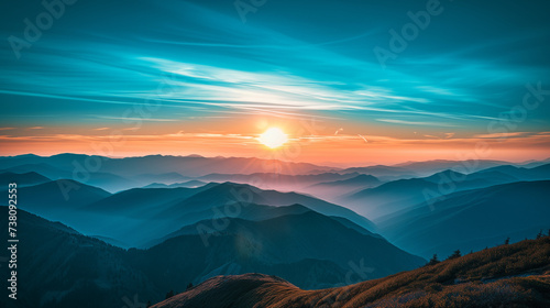 Beautiful shot of the sunset through the mountains  golden hour colored landscape with blue sky. Evening fog creeps over the mountain tops