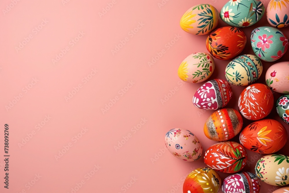 Vibrant Easter eggs on a pink backdrop, artistic and colorful display