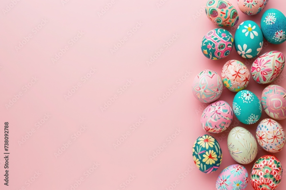 A collection of artistic Easter eggs displayed on a vibrant magenta backdrop