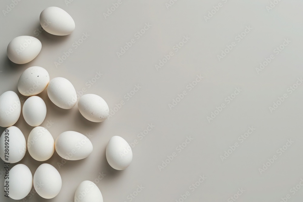 A smile of white eggs on a gray surface in still life photography A smile of white eggs on a gray surface in still life photography