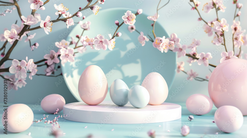 easter eggs with flowers, Podium background cherry blossom flowers, easter kawaii spring summer background podium