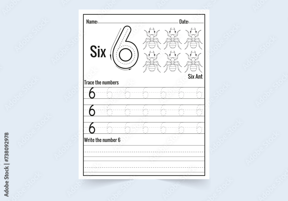 Number six tracing practice worksheet. write and count numbers and  Coloring worksheets - obrazy, fototapety, plakaty 