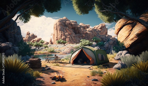 tent in nature on the background of rocks