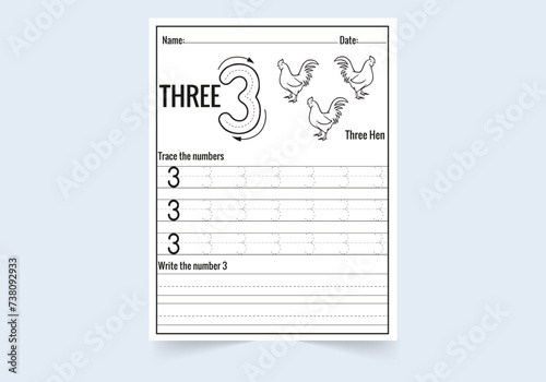 Number three tracing practice worksheet. write and count numbers and  Coloring worksheets